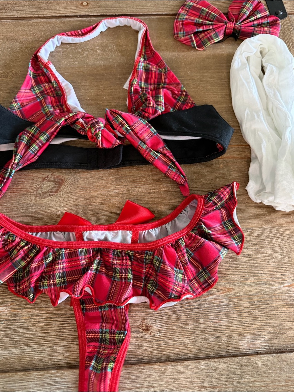 Red Plaid Ruffle Two-Piece Lingerie Set with Bow Detail